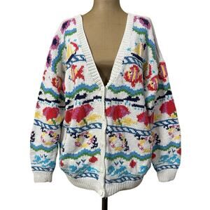 White Multicolor Fish Pattern V-Neck Cardigan Sweater